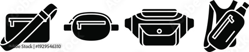 Four black and white icons of various fanny packs
