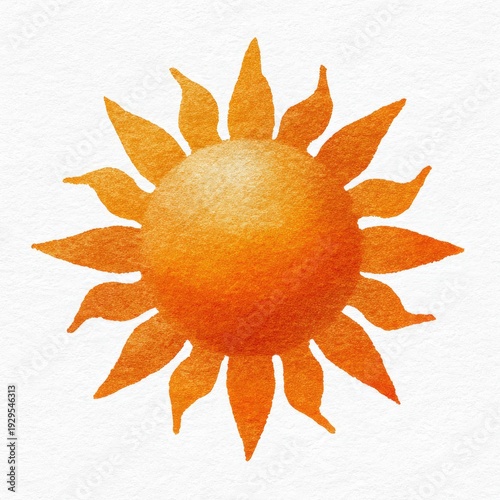 Watercolor sun symbol with radiating pointed rays on white paper texture