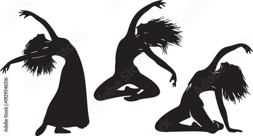 Three dancer silhouettes on transparent background displaying graceful moves