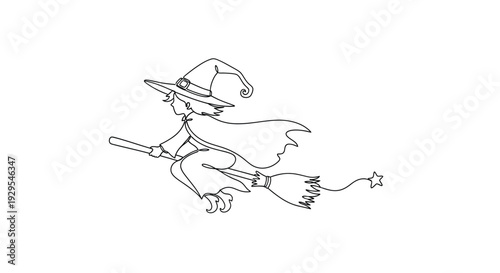 Minimalist witch on a broomstick flying in a single line drawing