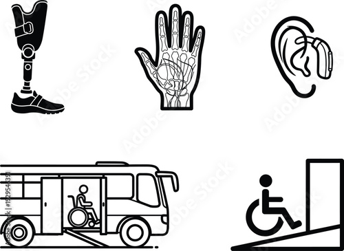 Black and white illustrations of disability and accessibility symbols and icons