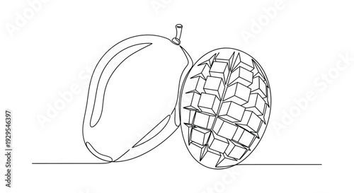 Whole mango next to a cubed mango slice in a single line drawing