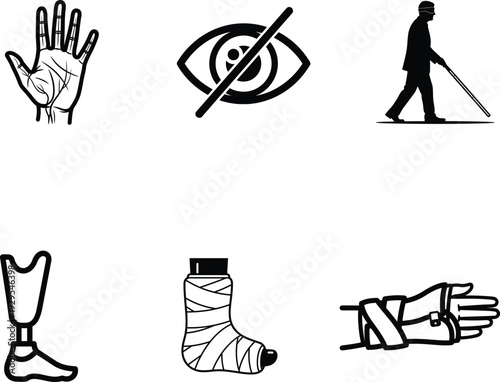 Black and white illustrations of disability and health concepts