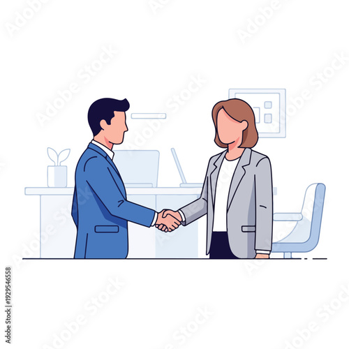 Professional business partners shaking hands in office, symbolizing successful agreement, partnership, and collaboration. Flat vector illustration of a deal.