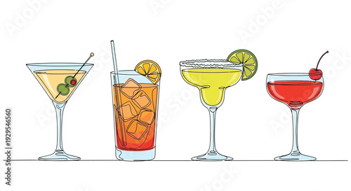 Colorful Continuous Line Art of Four Classic Cocktails with Garnishes