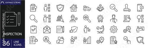 Inspection icons set. Includes symbols of quality check, magnifying glass, checklist, verification, auditing, and monitoring. Editable stroke. Vector illustration. Outline icons.