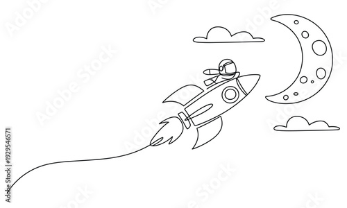 Astronaut riding a rocket ship towards the moon and clouds