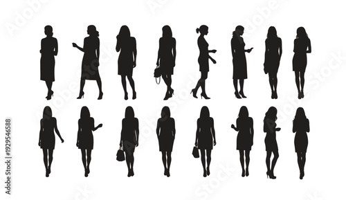 Set of silhouettes of businesswomen in various poses and outfits
