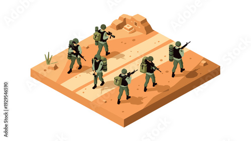 group of six soldiers in desert with rifles and military gear hand drawn isometric illustration