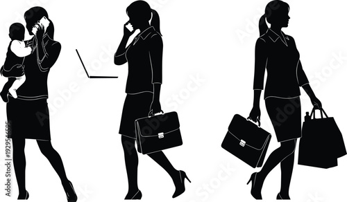 Working businesswoman lifestyle silhouettes showing multitasking mother, office communication, professional career woman balancing work, family responsibilities and daily activities