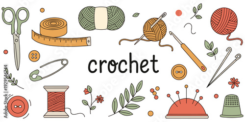 Crochet craft illustration, colorful yarn balls, scissors tape, hooks needles, buttons thread, pincushion thimble, floral motif, decorative artwork, textile design, flat vector drawing