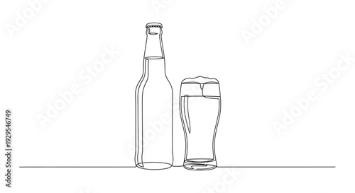 Beer bottle and glass, continuous line drawing, refreshment concept
