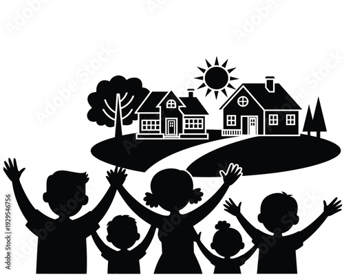 Family celebrating a new home with houses and sun