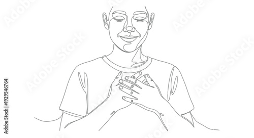 Person with hands on chest, expressing gratitude, line art portrait