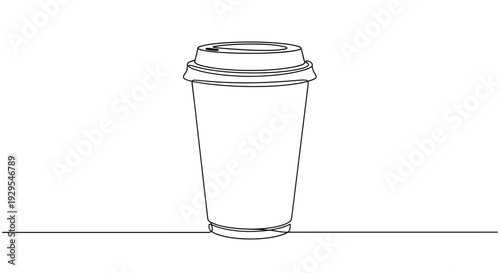 Disposable coffee cup with lid, continuous line drawing, takeaway drink