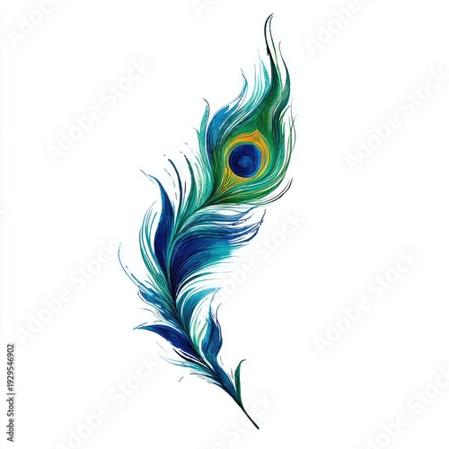 A vibrant, stylized peacock feather with swirling blues, greens, and gold