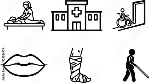 Medical and healthcare symbols and icons including hospital building and disabled person