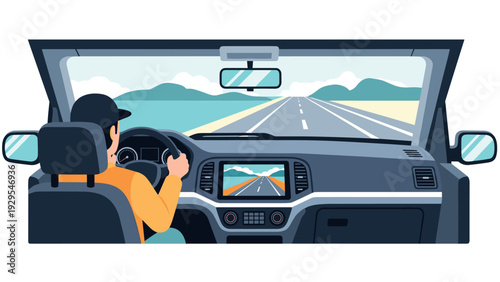 car driver inside view driving on coastal road landscape flat vector illustration