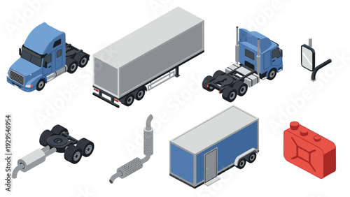 isometric blue semi truck trailer parts including exhaust pipes fuel can mirror and container trailer set