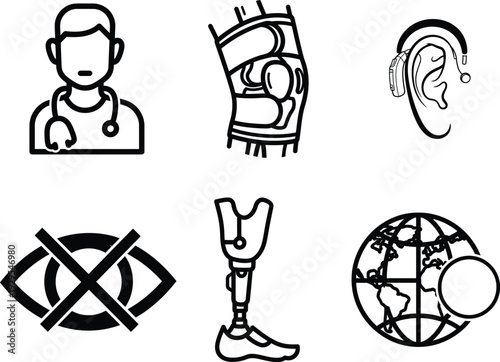 Medical and technology related icons including doctor with stethoscope and prosthetic leg