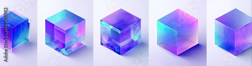 Five translucent, iridescent cubes with internal geometric patterns on a light background