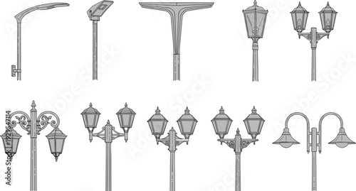 Black silhouette vector illustration of twelve diverse street lamp designs including modern minimalist posts and ornate traditional lanterns, urban lighting artwork for cityscape, architecture,