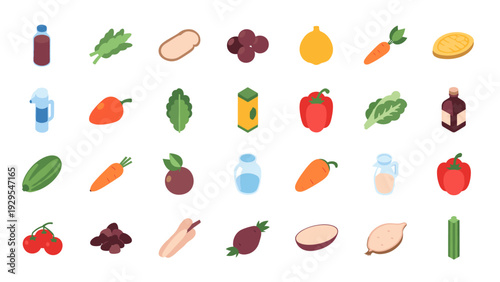 set of isometric fresh vegetables fruits and beverages icons collection for healthy food design