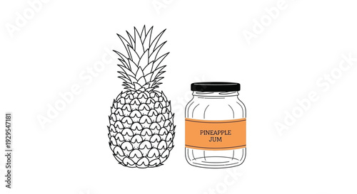Line drawing of a pineapple next to a jar of pineapple jam
