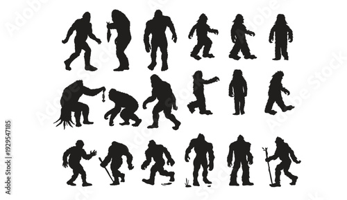 Various bigfoot silhouettes in different poses and actions