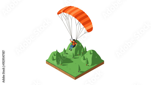 isometric man paragliding into green mountains with trees in flat style