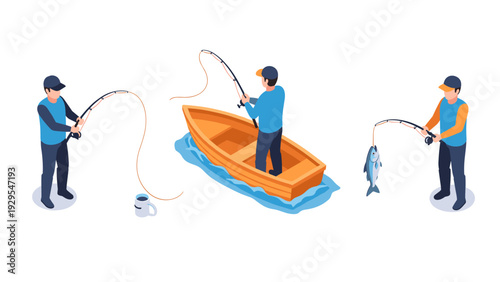 fishermen fishing with rods in standing and boat positions hand drawn isometric vector illustration