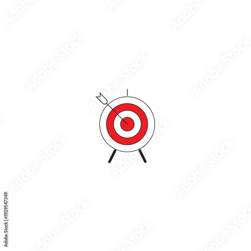 Archery target board with arrow in the bullseye. Red and white circle icon for goal achievement, success, and accuracy in business.