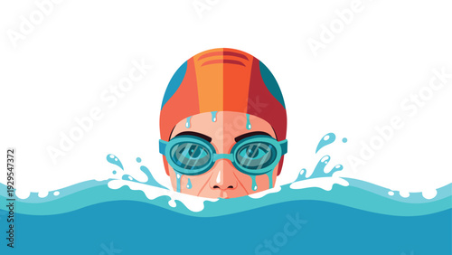 portrait of a swimmer with goggles and swim cap in water colorful vector illustration