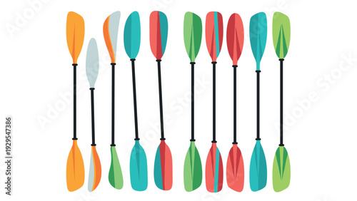 set of colorful kayak paddles with black shafts flat hand drawn style illustration