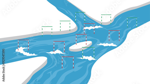 illustration of a blue river with red and green slalom gates and white rapids in a minimalist style