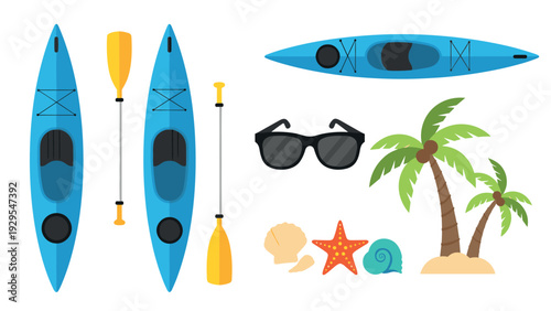 set of blue kayaking boats with paddles sunglasses palm trees and seashells in flat style summer vacation collection