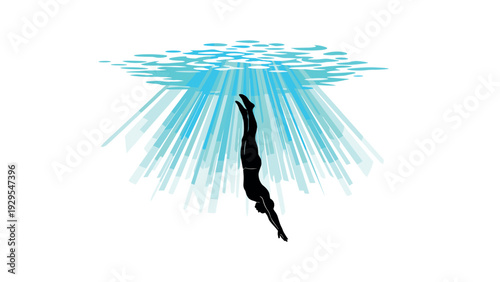 silhouette of a man diving into water with blue rays and water surface above hand drawn