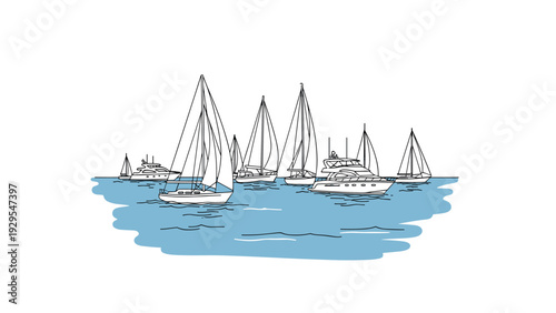 various sailboats and yachts on water hand drawn simple vector illustration