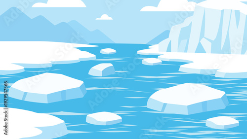 Cartoon-style Arctic landscape featuring drifting icebergs and an icy blue frozen sea in vector illustration.  