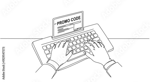 Monoline illustration of hands typing a promo code on a keyboard with an isolated design on a transparent background, minimalistic style and clean lines.