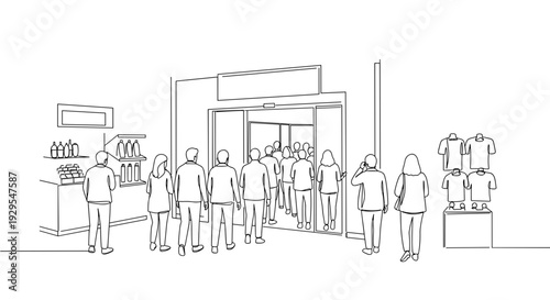 Monoline illustration of people shopping during Black Friday in a mall with lines at the entrance on a transparent background