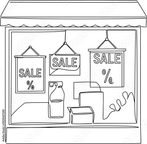 Monoline illustration of a store display promoting sales during Black Friday with various products and discounts on a transparent background