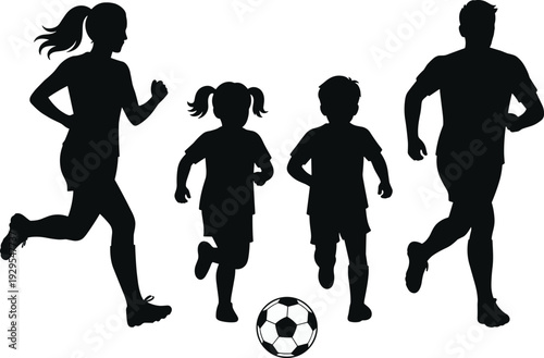 Family running together with soccer ball silhouette vector illustration, active parents and children jogging isolated on white background, healthy lifestyle sports concept design