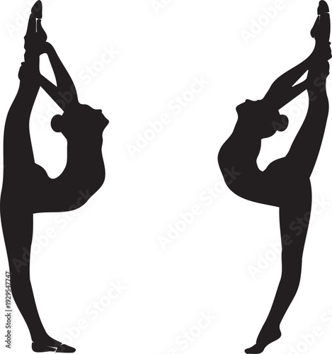 Gymnast female silhouettes in ballet pose with legs raised
