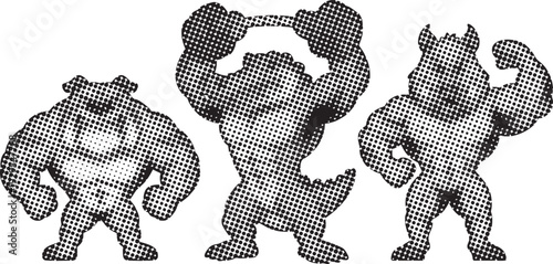Bodybuilder monster characters group halftone vector illustration muscular athletic figures
