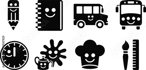 Collection of cute black icons for school and children on white background Keywords: pencil, notebook, bus, clock, chef hat