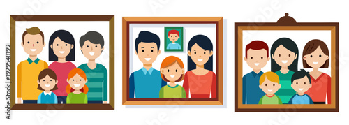 Stylized family portraits displayed on a photo wall