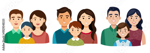 Happy diverse family portraits collection enjoying togetherness moments