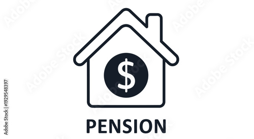 Simple black line icon of a house with a dollar sign and the word pension