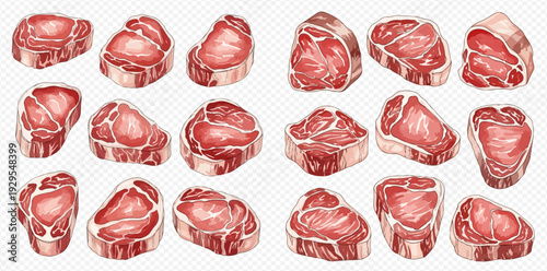 Set of fresh raw beef steaks and cuts, perfect for grilling or cooking, showcasing various meat portions.